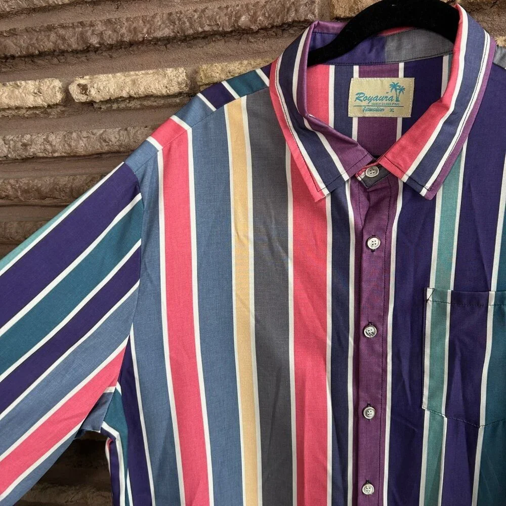 Royaura Men's Shirt Colorful Wide Stripe Easy Care Long Sleeve Size XL